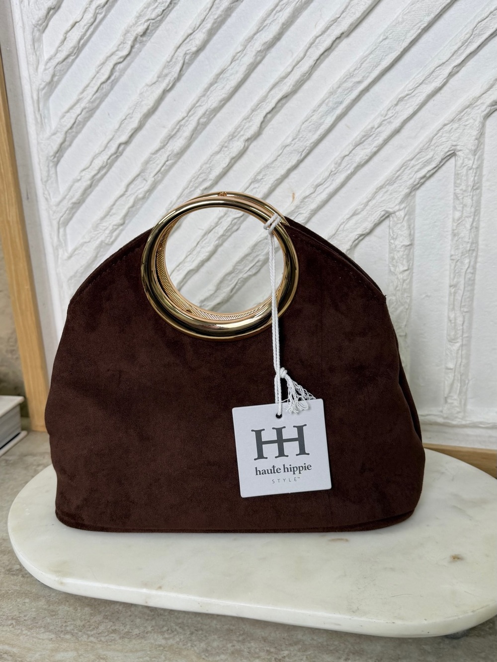 Haute Hippie Chocolate Brown Suede Clutch with Gold Ring Handle - Picture 11 of 16